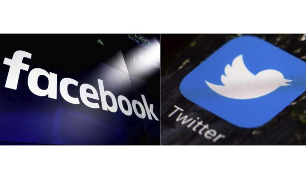 FILE - This combination of photos shows logos for social media platforms, from left, Facebook, Twit...