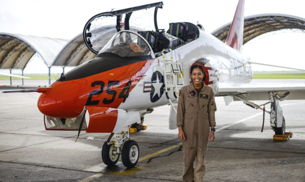 In this photo provided by the U.S. Navy, student Naval aviator Lt. j.g. Madeline Swegle, assigned t...