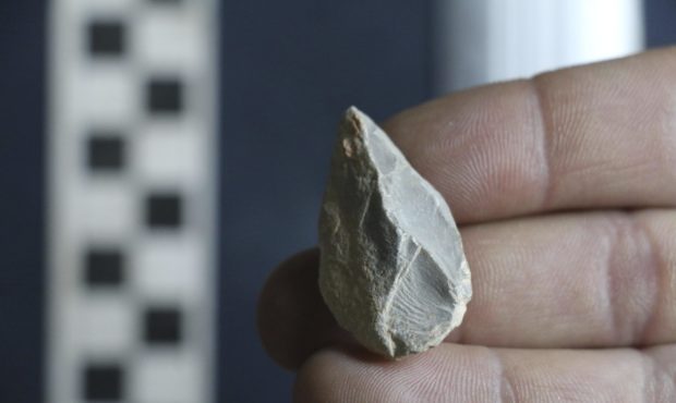 This undated photo provided by Ciprian Ardelean in July 2020 shows a stone tool found below the Las...