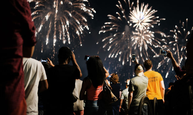 NEW YORK, NEW YORK - JULY 04: Fireworks light up the night sky over Brooklyn on July 04, 2019 in Ne...