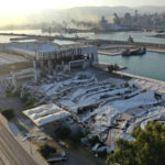 This drone pictures shows a destroyed events and exhibition hall near the scene of an explosion that hit the seaport of Beirut, Lebanon, Wednesday, Aug. 5, 2020. A massive explosion rocked Beirut on Tuesday, flattening much of the city's port, damaging buildings across the capital and sending a giant mushroom cloud into the sky. More than 70 people were killed and 3,000 injured, with bodies buried in the rubble, officials said. (AP Photo/Hussein Malla)