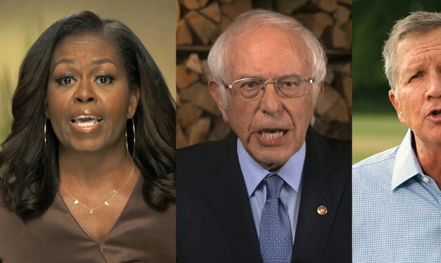 In this combination image from video, former first lady Michelle Obama, Sen. Bernie Sanders, I-Vt.,...
