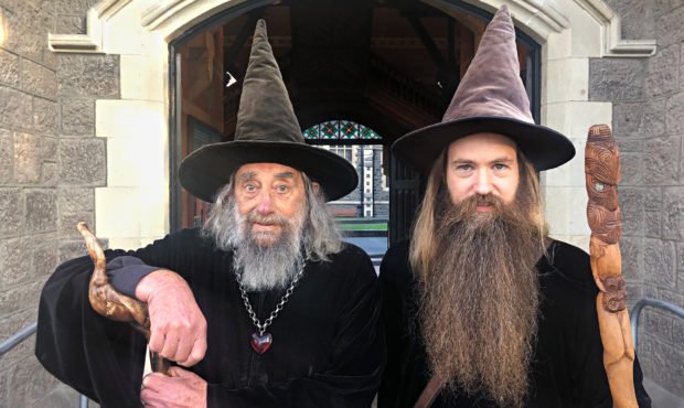 The Wizard and his apprentice Ari Freeman in central Christchurch, New Zealand, on June 2, 2020.
Cr...