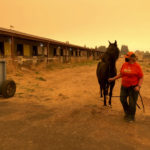 Catherine Shields, of Silverton, Ore., leads her horse Takoda under smoky skies, on the Oregon State Fairgrounds, Wednesday, Sept. 9, 2020, in Salem, Ore. Shields evacuated the horse and other animals from her home on Tuesday, as a wildfire threatened. Hundreds of horses have been brought to the fairgrounds in Salem by people fleeing the fires, along with llamas, goats and other animals. The Red Cross is helping people at the fairgrounds, which has been turned into an evacuation center. (AP Photo/Andrew Selsky)