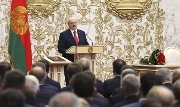 Belarusian President Alexander Lukashenko delivers a speech during his inauguration ceremony at the...
