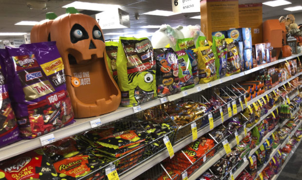 Halloween candy and decorations are displayed at a store, Wednesday, Sept. 23, 2020, in Freeport, M...