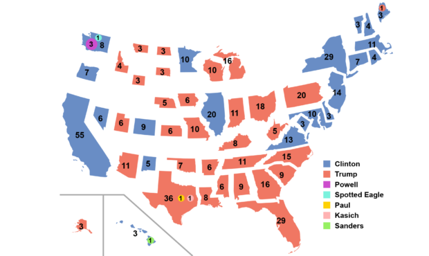 2016 Electoral College map of America's 50 states + DC, scaled by number of Electors per state.

(C...