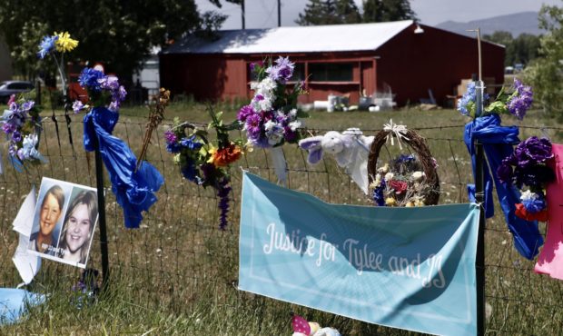 A makeshift memorial on the fence line of Chad Daybell's eastern Idaho property on July 10, 2020. R...