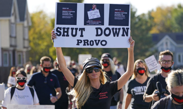 Paris Hilton leads a protest Friday, Oct. 9, 2020, in Provo, Utah. (AP Photo/Rick Bowmer)...