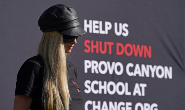 Paris Hilton speaks before leading a protest Friday, Oct. 9, 2020, in Provo, Utah. Hilton was in Ut...