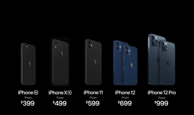 This image provided by Apple shows models of new iPhones, along with the iPhone 11 at center, showi...
