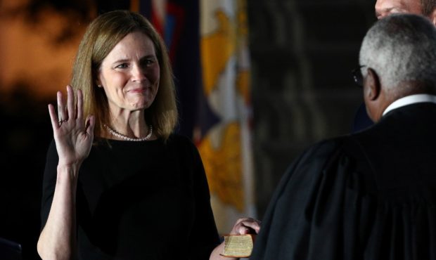 Amy Coney Barrett was sworn in to the Supreme Court at a White House ceremony Monday evening, short...