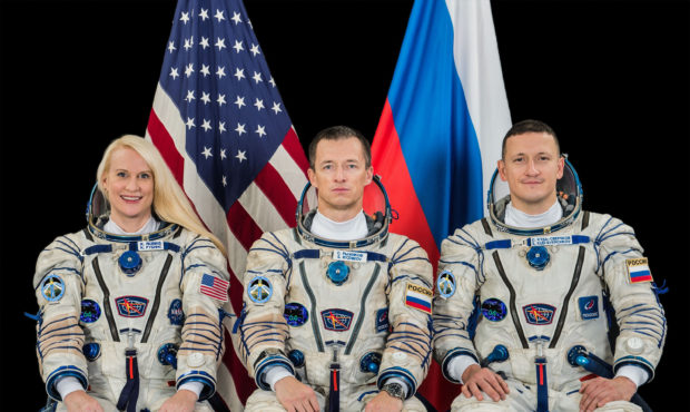 The Expedition 64 crew members (from left) NASA astronaut Kate Rubins and cosmonauts Sergey Ryzhiko...
