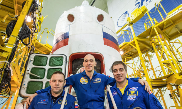 At the Baikonur Cosmodrome in Kazakhstan, Expedition 63 crewmembers Ivan Vagner (left) and Anatoly ...