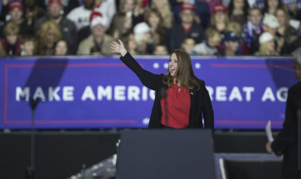 RNC chair Ronna Romney McDaniel waves to the crowd during a Make America Great Again rally at Total...