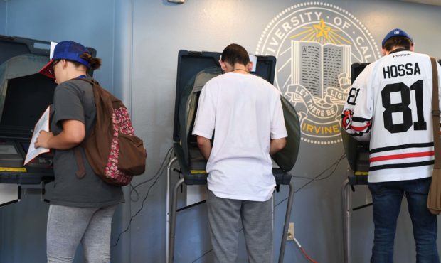 Students vote at a polling station on the campus of the University of California Irvine, on Novembe...