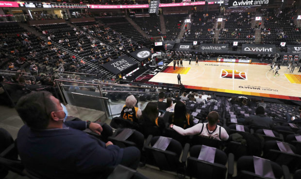 Utah Jazz fans  are socially distanced as they watch the Jazz and Minnesota Timberwolves play in Sa...