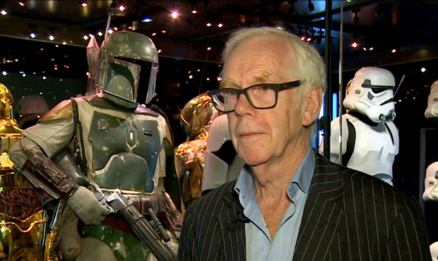 Jeremy Bulloch speaks in front of the costume he wore while playing Boba Fett in "Star Wars: Episod...
