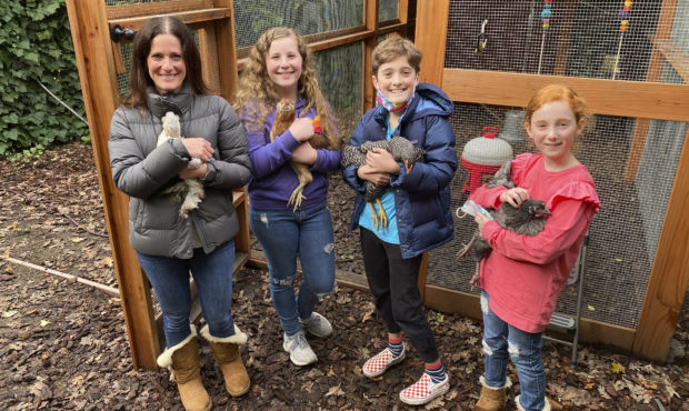 Members of the Abta family, from left, Allison, Violet, Eli, and Ariella hold hens in front of thei...
