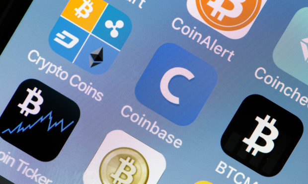 PARIS, FRANCE - OCTOBER 05:  In this photo illustration, the Coinbase cryptocurrency exchange logo ...