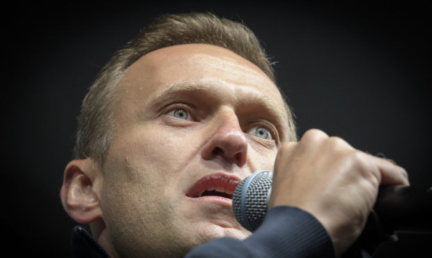 Russian opposition leader Alexei Navalny delivers a speech during a demonstration in Moscow on Sept...