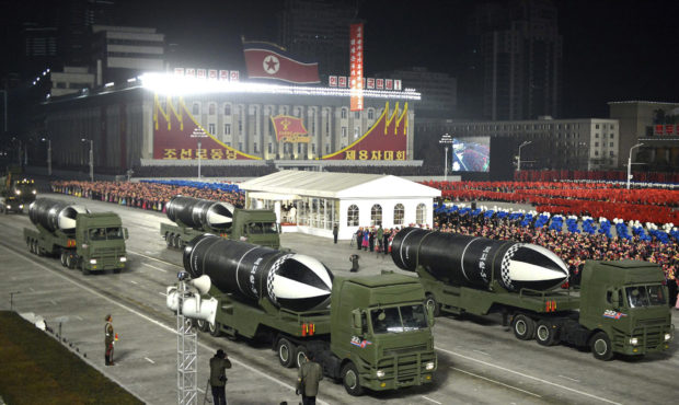 This photo provided by the North Korean government shows missiles during a military parade marking ...