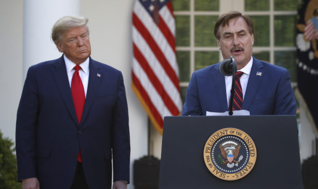 FILE - In this March 30, 2020, file photo, My Pillow CEO Mike Lindell speaks as President Donald Tr...