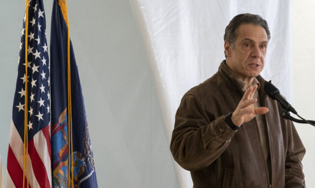 New York Gov. Andrew Cuomo speaks to reporters during a news conference at a COVID-19 pop-up vaccin...