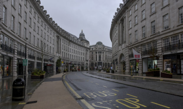 A deserted Regent Street, London, Sunday, Feb. 7, 2021, as the third national lockdown, due to the ...
