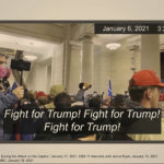 This image from video shows one of many slides presented by Democrats prosecuting the impeachment of former President Donald Trump in the Senate at the U.S. Capitol in Washington, Wednesday, Feb. 10, 2021. The video, which showed Trump's supporters chanting "Fight for Trump!" after they stormed into the U.S. Capitol on Jan. 6, was used by prosecutors as they sought to connect the mob with Trump and make the case that the president had incited them to insurrection. (Senate Television via AP)