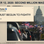 This image from video shows a slide presented by Democrats prosecuting the impeachment of former President Donald Trump in the Senate at the U.S. Capitol in Washington, Wednesday, Feb. 10, 2021. The slide shows a photo of President Trump's motorcade driving by a group of his supporters participating in a rally in Washington on Nov. 14, 2020, juxtaposed with a tweet from Trump on Dec. 12, 2020, declaring the “fight” had just begun. It was one of many images, videos and quotes used by prosecutors as they sought to make the case that the president had incited a mob of supporters to insurrection on Jan. 6, 2021. (Senate Television via AP)