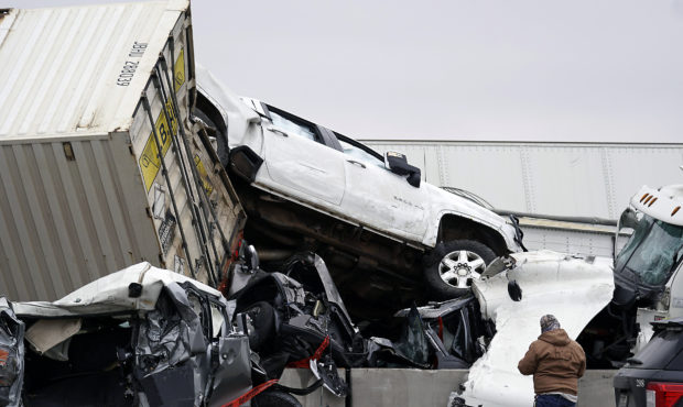 Vehicles are piled up after a fatal crash on Interstate 35 near Fort Worth, Texas on Thursday, Feb....