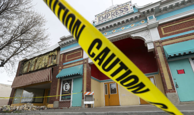 Caution tape surrounds a damaged building on Magna’s Main Street on Tuesday, March 24, 2020, foll...
