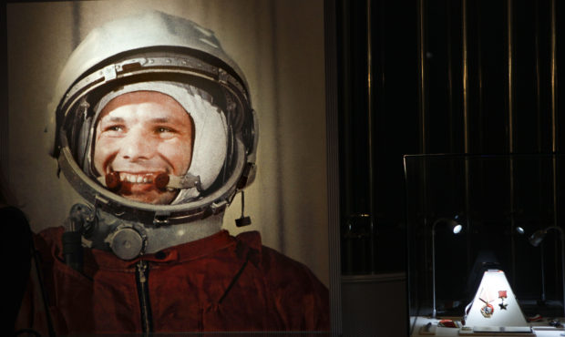 FILE - An undated portrait of the first man in space, Yuri Gagarin, and his award of the Hero of th...