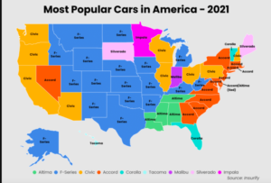map of most popular cars in each state
