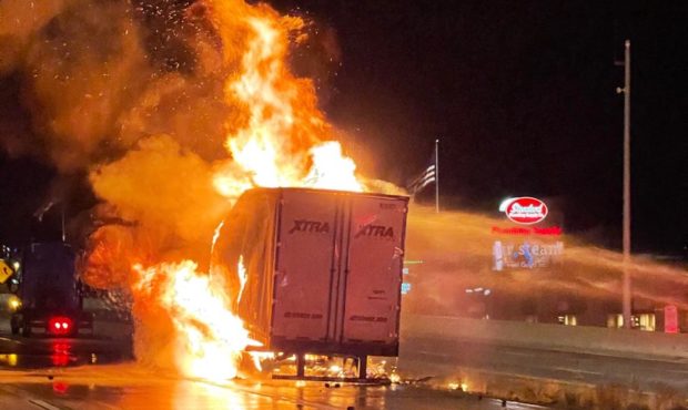 Semi trailer transporting PVC glue catches fire on southbound I-15 in Sandy...