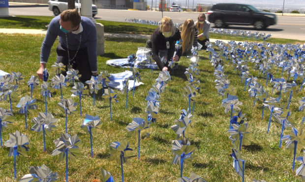 Pinwheels planted to remind people of the children who have suffered child abuse or neglect...