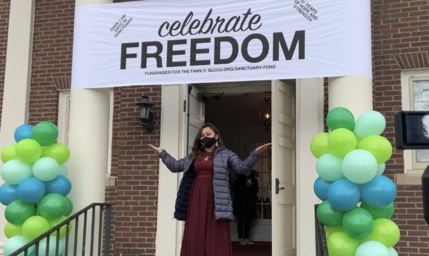 (Vicky Chavez at the doors of the First Unitarian Church in Salt Lake City after announcing she was...