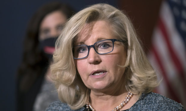 In this April 20, 2021, photo, House Republican Conference Chair Rep. Liz Cheney, R-Wyo., speaks to...