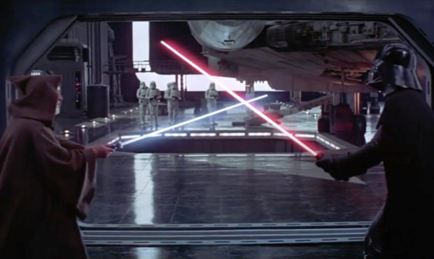 Darth Vader and Obi-Wan Kenobi light saber battle in in Star Wars: Episode IV - A New Hope...