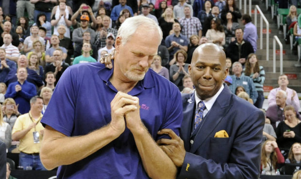 Mark Eaton and Thurl Bailey, along with the other members of the Jazz's first franchise playoff tea...