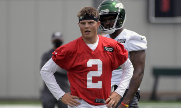 FILE - New York Jets first round draft pick Zach Wilson (2) works out during NFL football rookie ca...