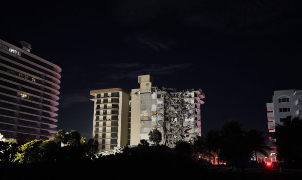 A partially collapsed building is seen early Thursday, June 24, 2021, in the Surfside area of Miami...
