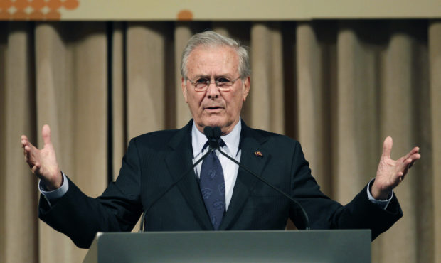 FILE - In this Oct. 11, 2011, file photo, former U.S. Secretary of Defense Donald Rumsfeld speaks t...