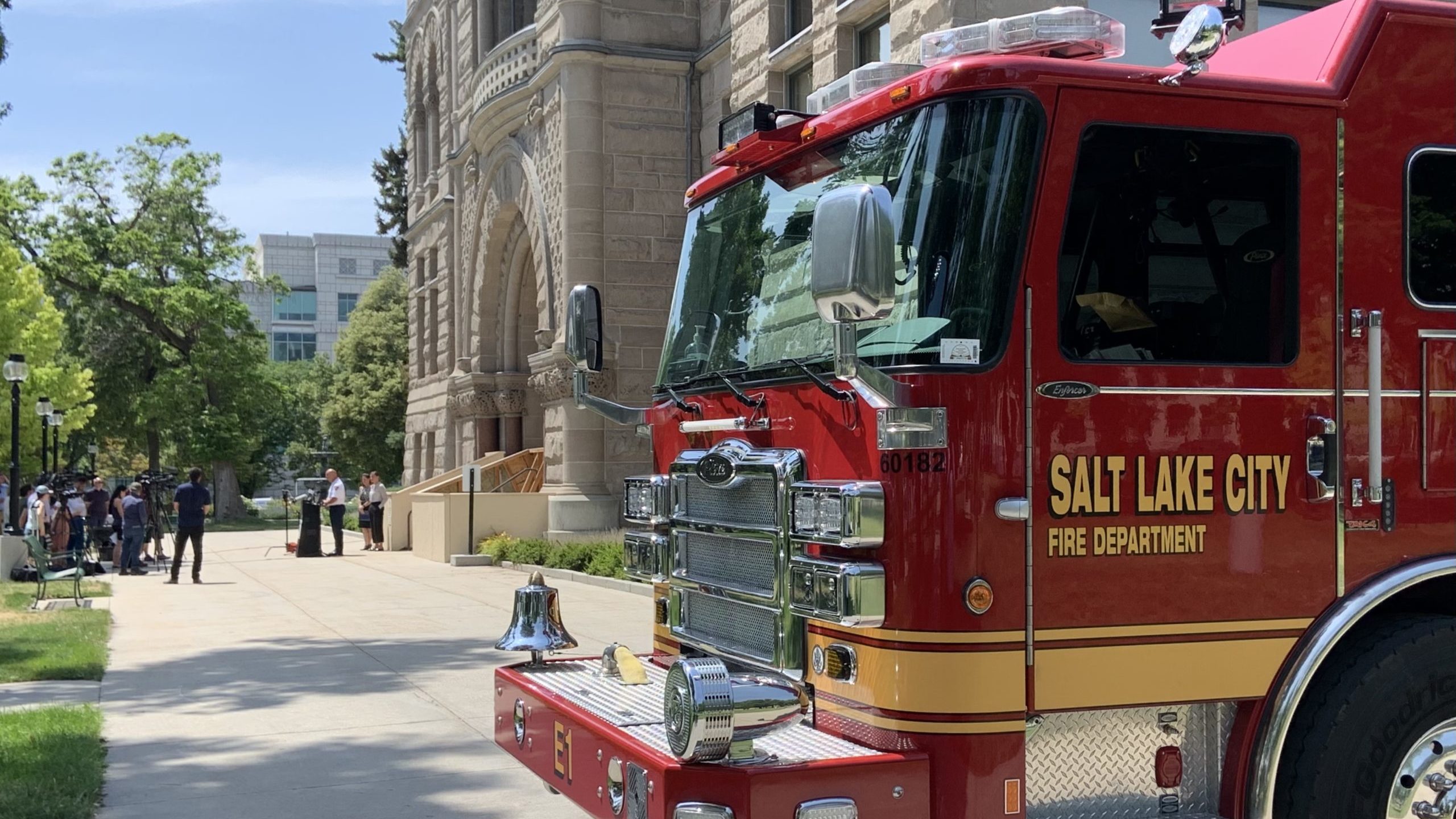 A Salt Lake City Fire Department engine parked next to the Salt Lake City and Council Building. Pho...