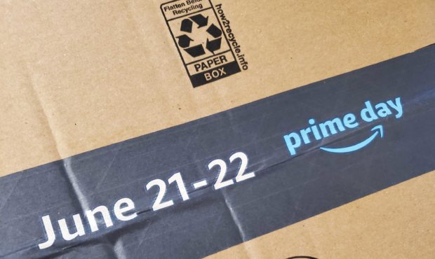 Close-up of packing tape on Amazon shipping box, with logo for Prime Day 2021 and June 21-22 dates ...