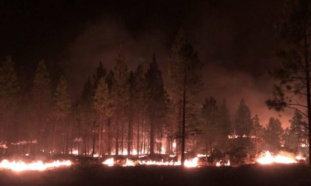 In this photo provided by the Bootleg Fire Incident Command, the Bootleg Fire burns at night near H...