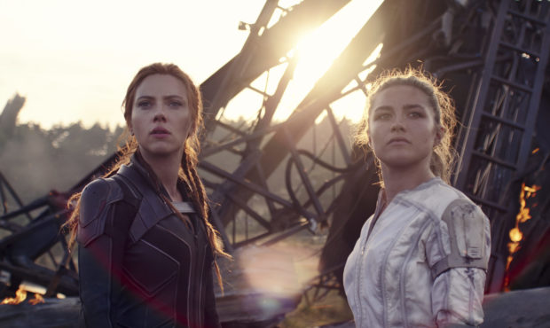 This image released by Marvel Studios shows Scarlett Johansson, left, and Florence Pugh in a scene ...