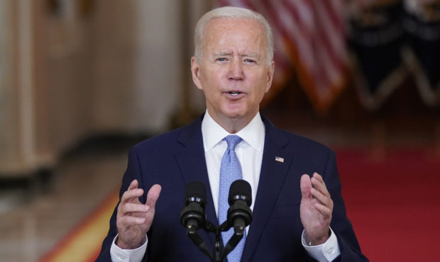 President Joe Biden speaks about the end of the war in Afghanistan from the State Dining Room of th...