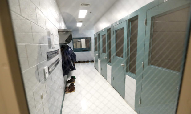 A section of the Davis County Jail where inmates communicate with visitors is pictured at the facil...